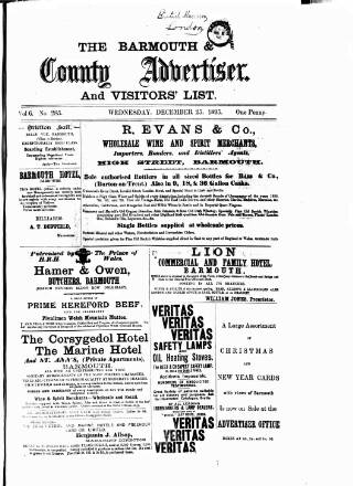 cover page of Barmouth & County Advertiser published on December 25, 1895