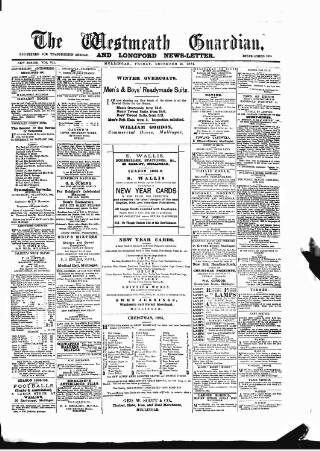 cover page of Westmeath Guardian and Longford News-Letter published on December 25, 1885