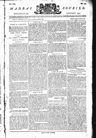 cover page of Madras Courier published on January 26, 1792