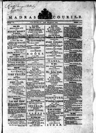 cover page of Madras Courier published on December 25, 1804