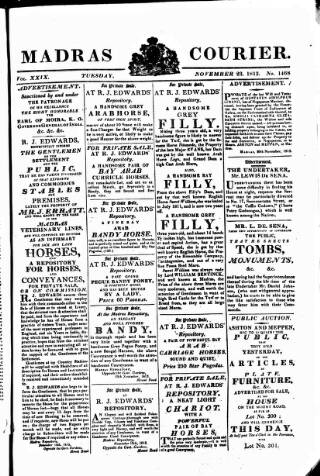 cover page of Madras Courier published on November 23, 1813