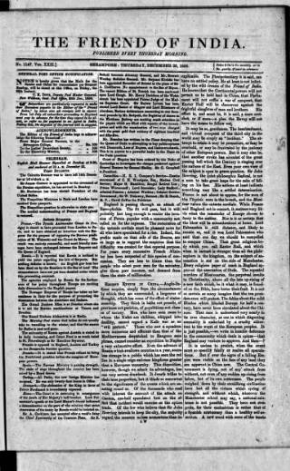 cover page of Friend of India and Statesman published on December 25, 1856