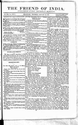 cover page of Friend of India and Statesman published on January 26, 1860