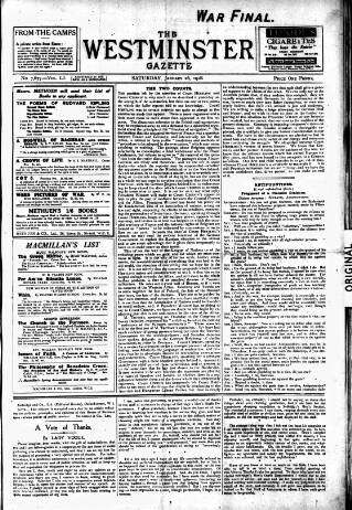 cover page of Westminster Gazette published on January 26, 1918