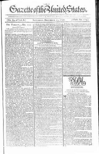 cover page of Gazette of the United States published on December 25, 1790