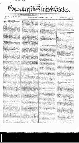 cover page of Gazette of the United States published on January 26, 1793