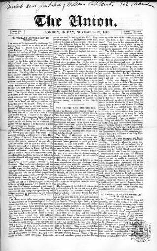 cover page of Union published on November 23, 1860