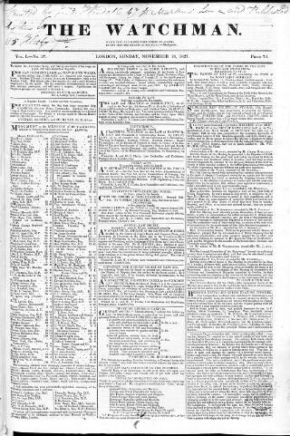 cover page of Watchman published on November 18, 1827