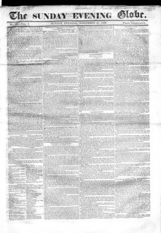 cover page of Sunday Evening Globe published on November 27, 1836