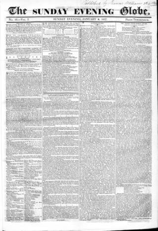 cover page of Sunday Evening Globe published on January 8, 1837