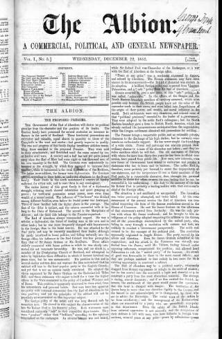 cover page of Albion published on December 22, 1852