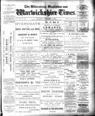 cover page of Atherstone, Nuneaton and Warwickshire Times published on November 23, 1889