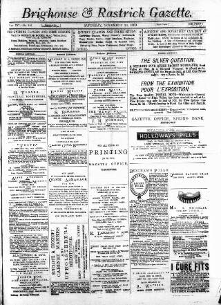 cover page of Brighouse & Rastrick Gazette published on November 23, 1889