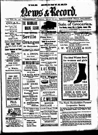 cover page of Bromyard News published on January 26, 1922