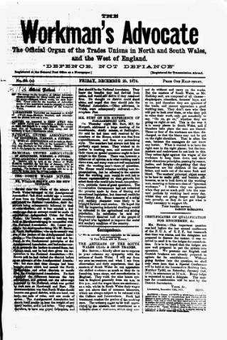 cover page of Workman's Advocate (Merthyr Tydfil) published on December 25, 1874