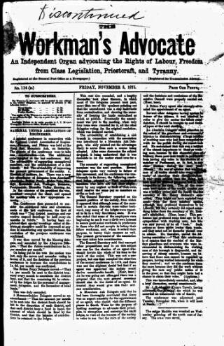 cover page of Workman's Advocate (Merthyr Tydfil) published on November 5, 1875