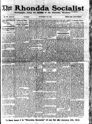 cover page of Rhondda Socialist Newspaper published on December 21, 1912