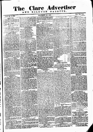 cover page of Clare Advertiser and Kilrush Gazette published on December 25, 1875