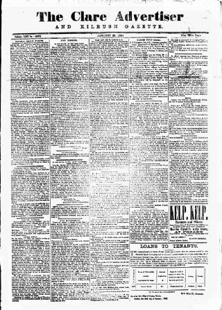 cover page of Clare Advertiser and Kilrush Gazette published on January 26, 1884