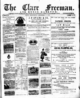 cover page of Clare Freeman and Ennis Gazette published on December 19, 1883