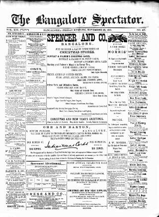 cover page of Bangalore Spectator published on November 23, 1888