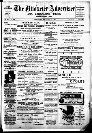 cover page of Uttoxeter Advertiser and Ashbourne Times published on November 23, 1898