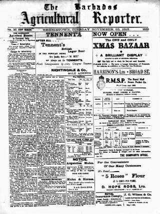 cover page of Barbados Agricultural Reporter published on November 23, 1915