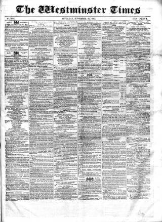 cover page of Westminster Times published on November 25, 1865