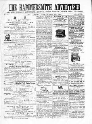 cover page of Hammersmith Advertiser published on November 23, 1861