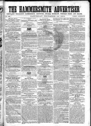 cover page of Hammersmith Advertiser published on December 24, 1864