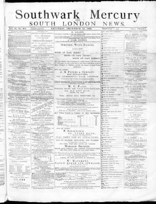 cover page of Southwark Mercury published on December 25, 1880