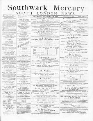 cover page of Southwark Mercury published on November 19, 1881