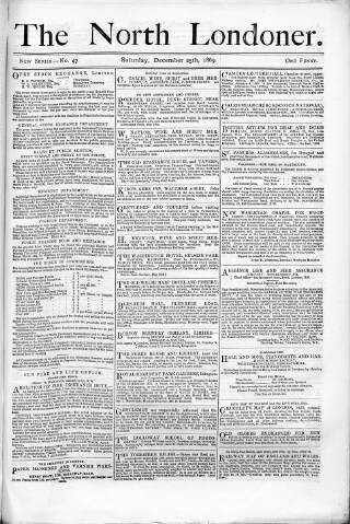 cover page of North Londoner published on December 25, 1869