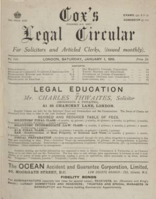 cover page of Cox's Legal Circular published on January 1, 1916