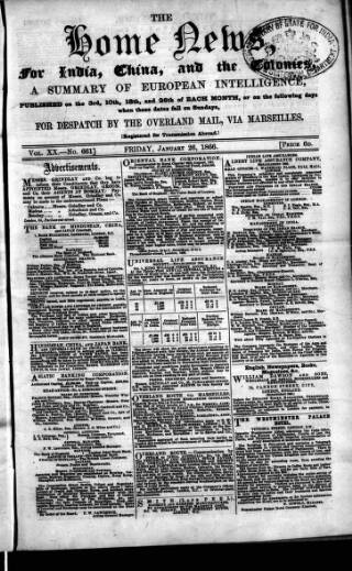 cover page of Home News for India, China and the Colonies published on January 26, 1866