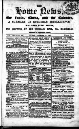 cover page of Home News for India, China and the Colonies published on December 25, 1868