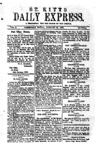 cover page of St. Kitts Daily Express published on January 26, 1906