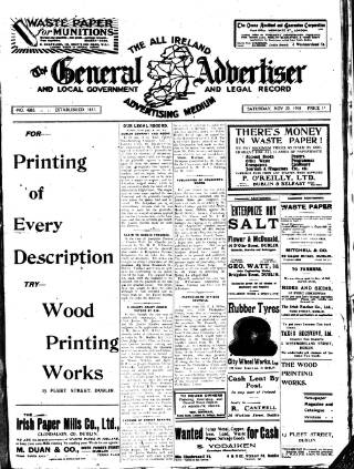 cover page of General Advertiser for Dublin, and all Ireland published on November 23, 1918