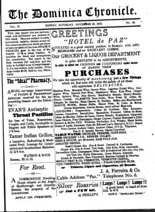 cover page of Dominica Chronicle published on November 23, 1912