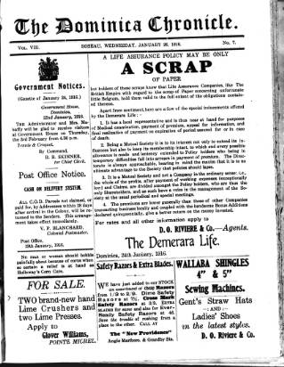 cover page of Dominica Chronicle published on January 26, 1916