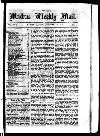 cover page of Madras Weekly Mail published on January 26, 1878