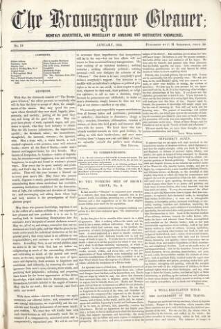 cover page of Bromsgrove Gleaner published on January 1, 1855