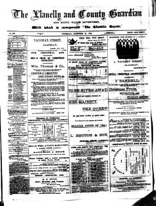 cover page of Llanelly and County Guardian and South Wales Advertiser published on December 25, 1879