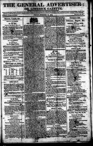 cover page of Limerick Gazette published on December 25, 1812