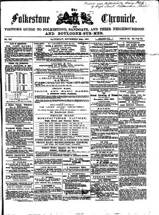 cover page of Folkestone Chronicle published on November 23, 1867