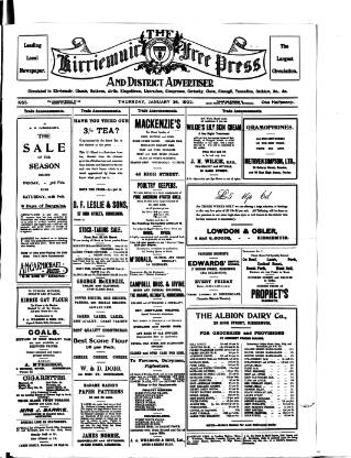 cover page of Kirriemuir Free Press and Angus Advertiser published on January 26, 1922