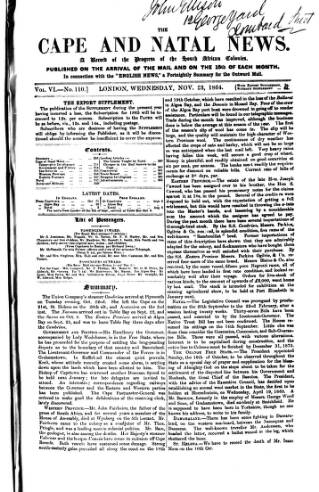 cover page of Cape and Natal News published on November 23, 1864