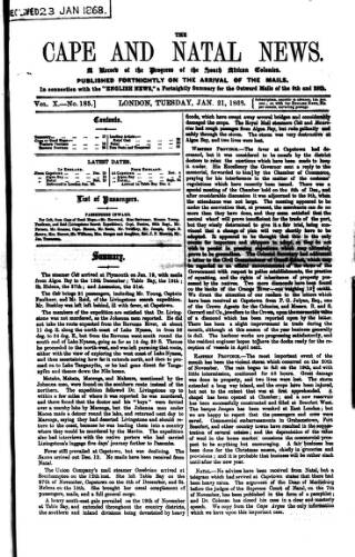 cover page of Cape and Natal News published on January 21, 1868