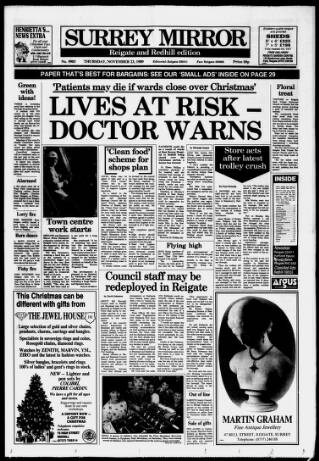 cover page of Surrey Mirror published on November 23, 1989