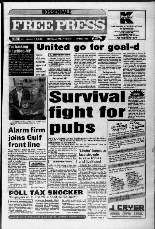 cover page of Rossendale Free Press published on November 23, 1990